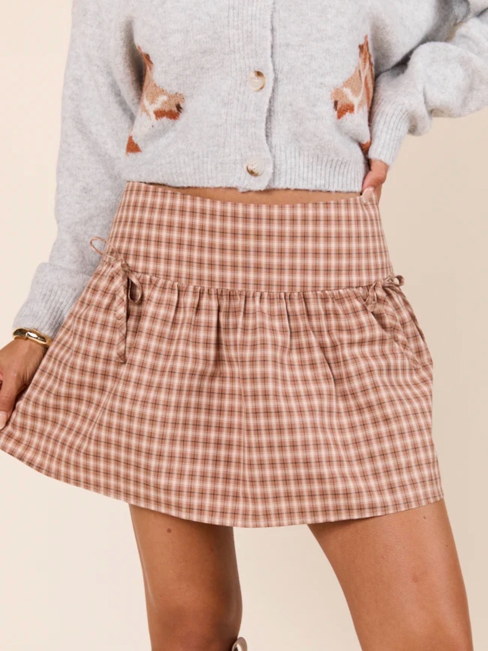 Pink Lily Brown Plaid Mini Skirt Sz L Western Barbie Romantic Preppy Cottage New